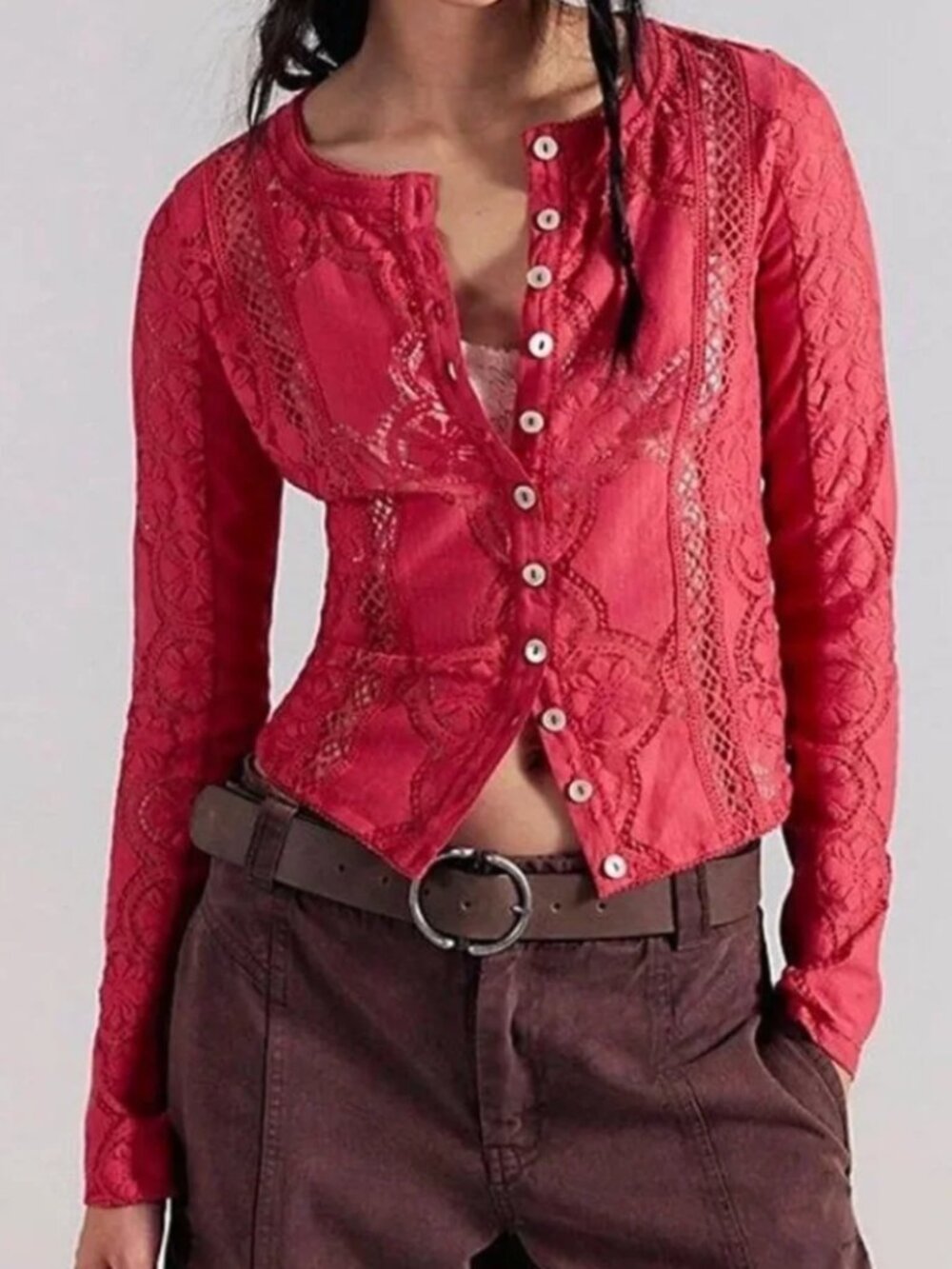 NWT Free People Jae Sheer Lace Knit Long Sleeve Top in Roughed Cheeks